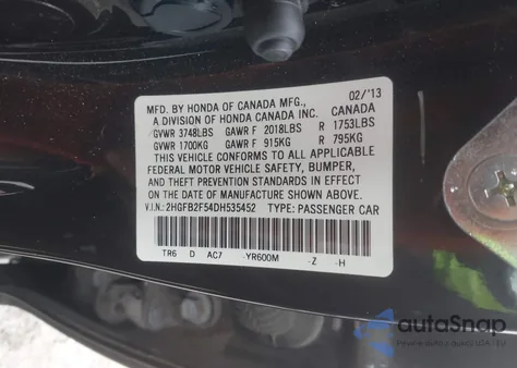 2013 Honda Civic Lx z USA, uszkodzony, nr VIN 2HGFB2F54DH535452